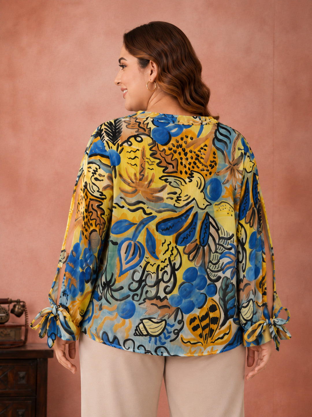 Women Plus Size Multicolor Floral Print V-Neck Cut-Out Tie-Up Long Sleeve Top