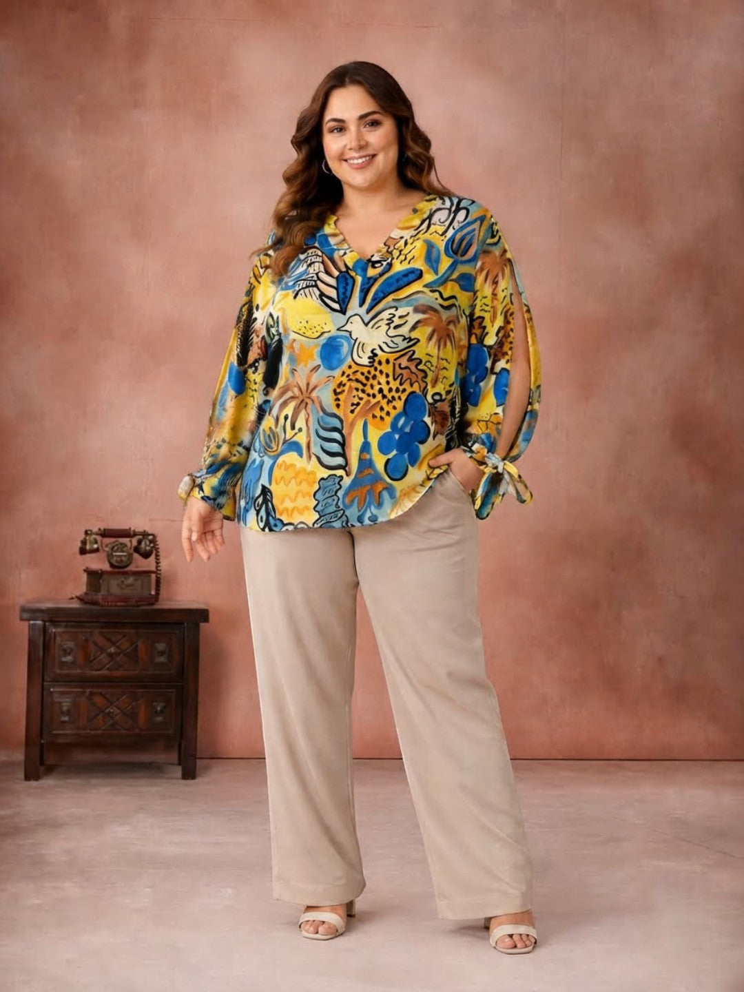 Women Plus Size Multicolor Floral Print V-Neck Cut-Out Tie-Up Long Sleeve Top