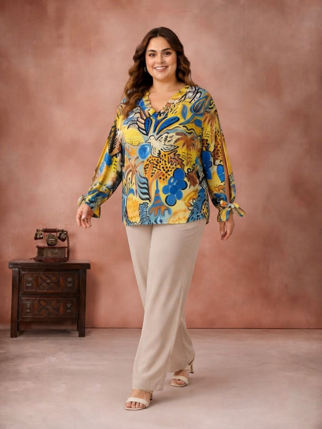 Women Plus Size Multicolor Floral Print V-Neck Cut-Out Tie-Up Long Sleeve Top