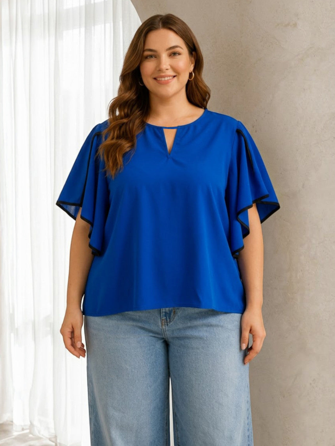 Women Plus Size Blue Top Oxolloxo