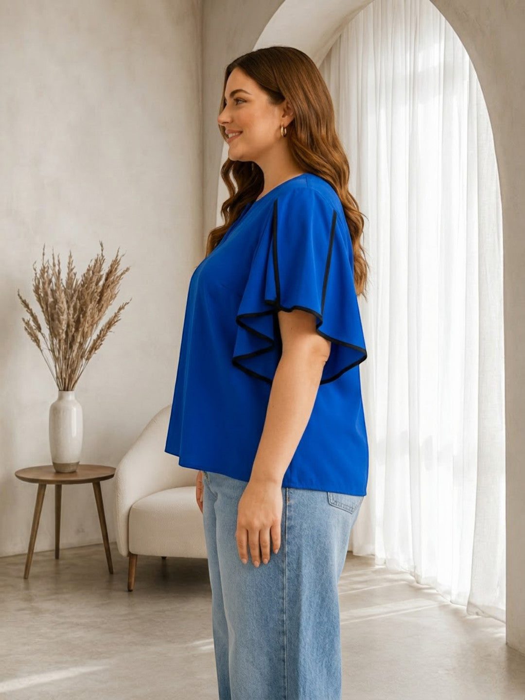 Women Plus Size Blue Top Oxolloxo