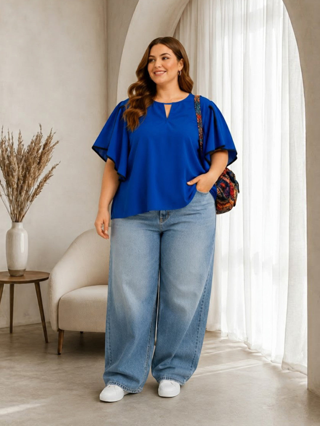 Women Plus Size Blue Top Oxolloxo