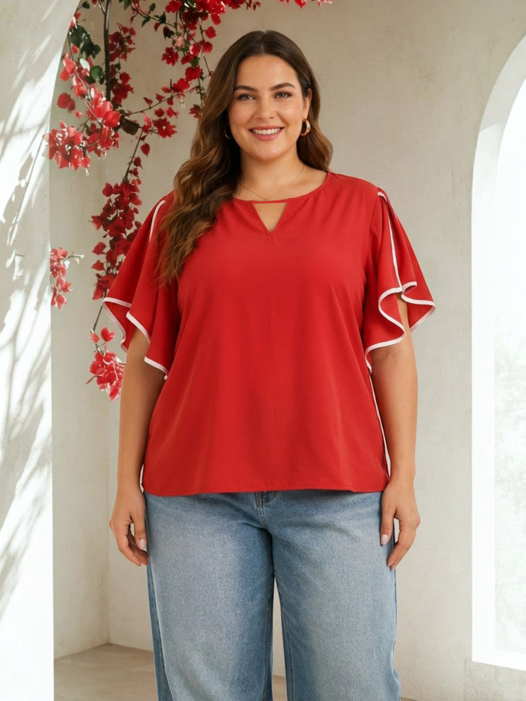 Women Plus Size Red Top Oxolloxo