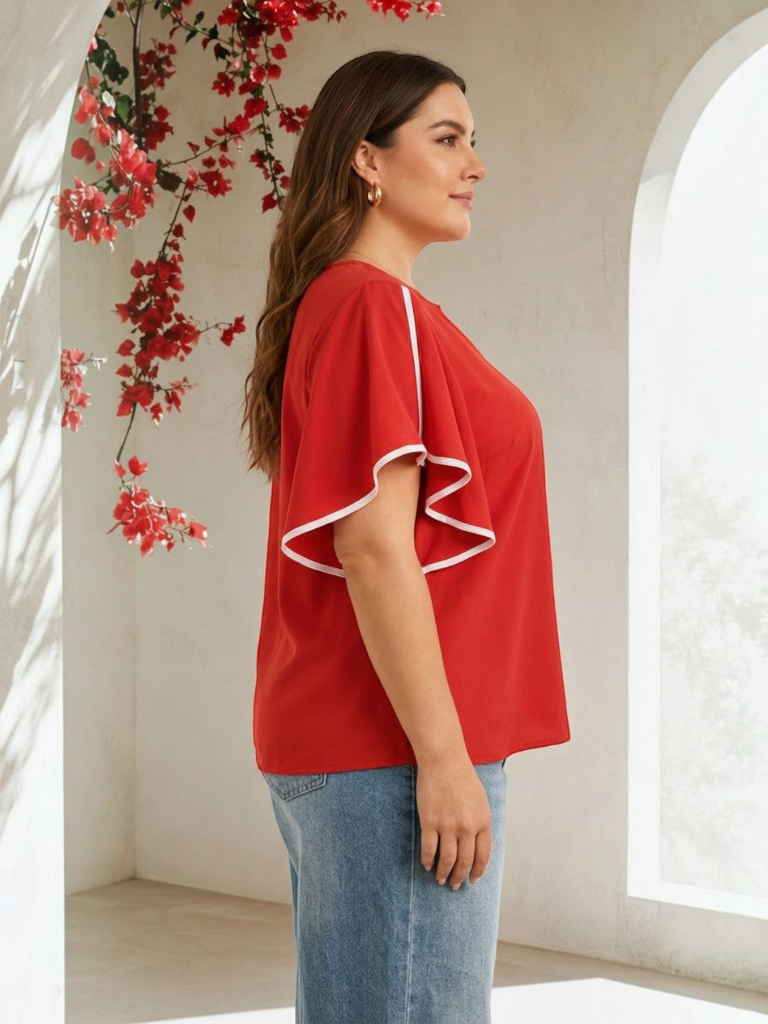 Women Plus Size Red Top Oxolloxo