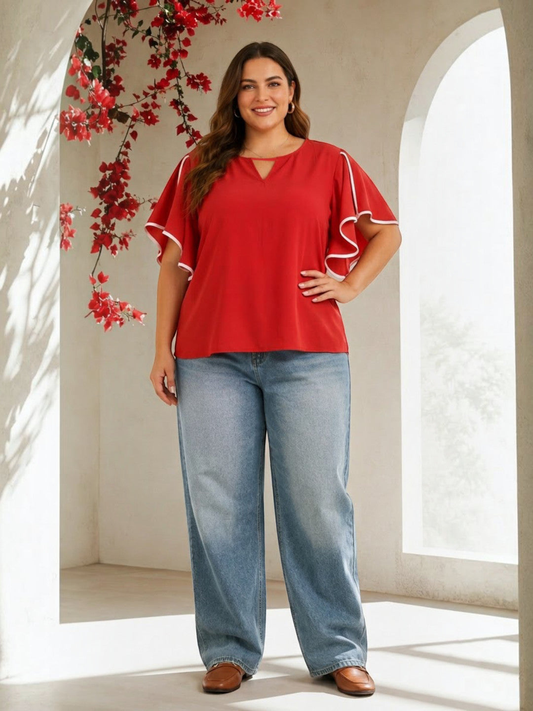 Women Plus Size Red Top Oxolloxo