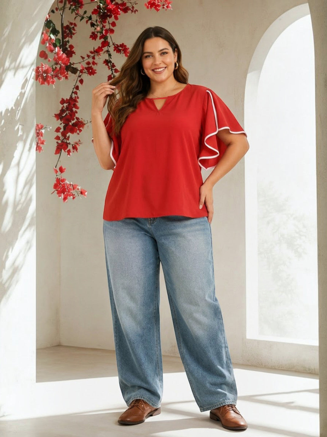 Women Plus Size Red Top Oxolloxo