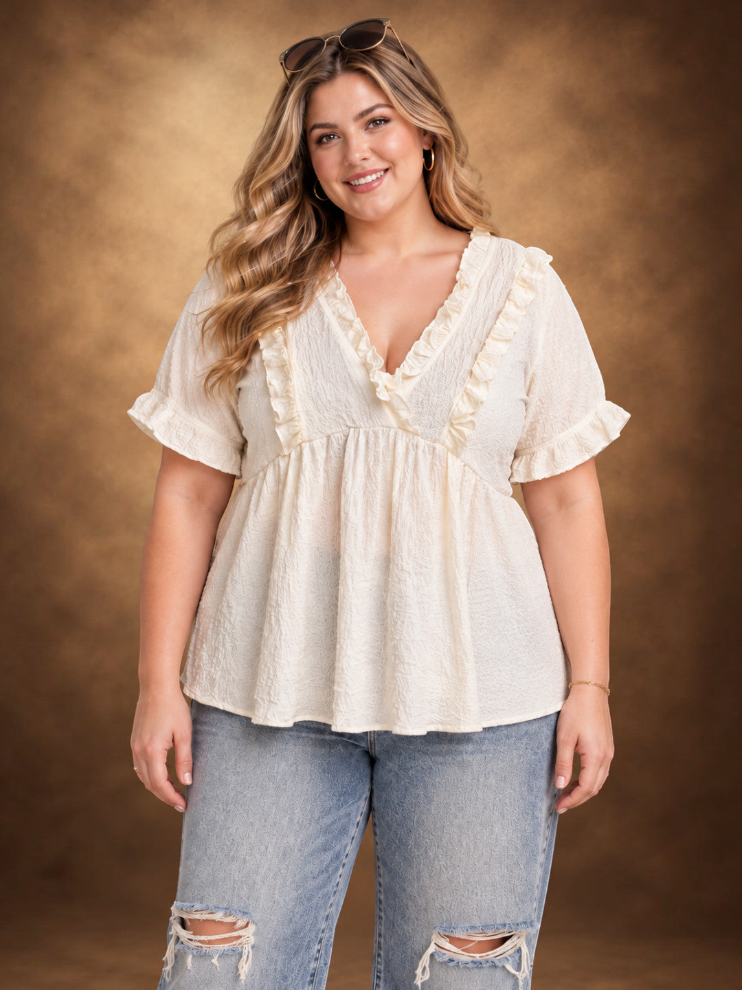 Women plus size off white ruffle peplum V-neck short sleeve top - front view