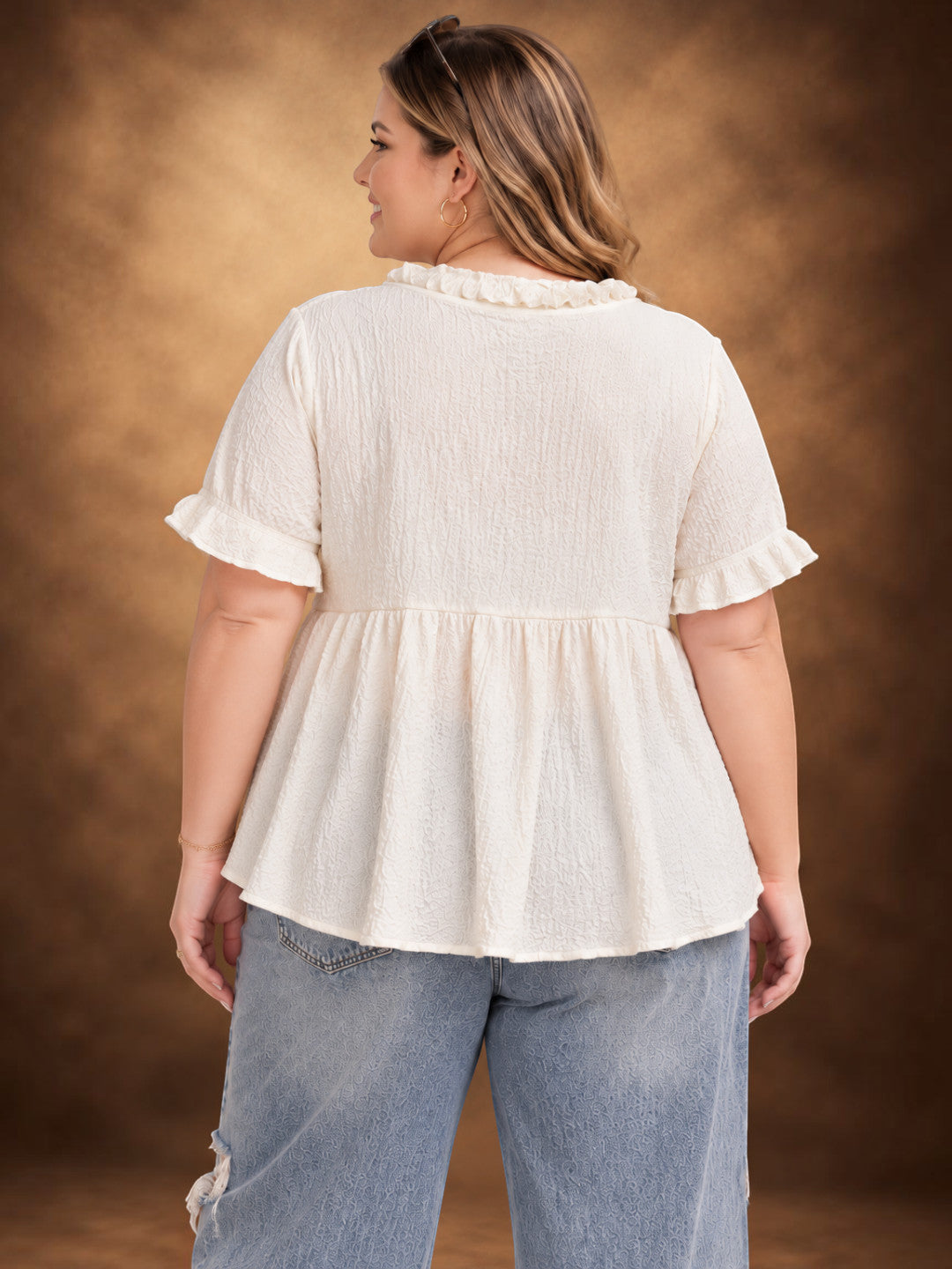 Plus size off white ruffle top - side view