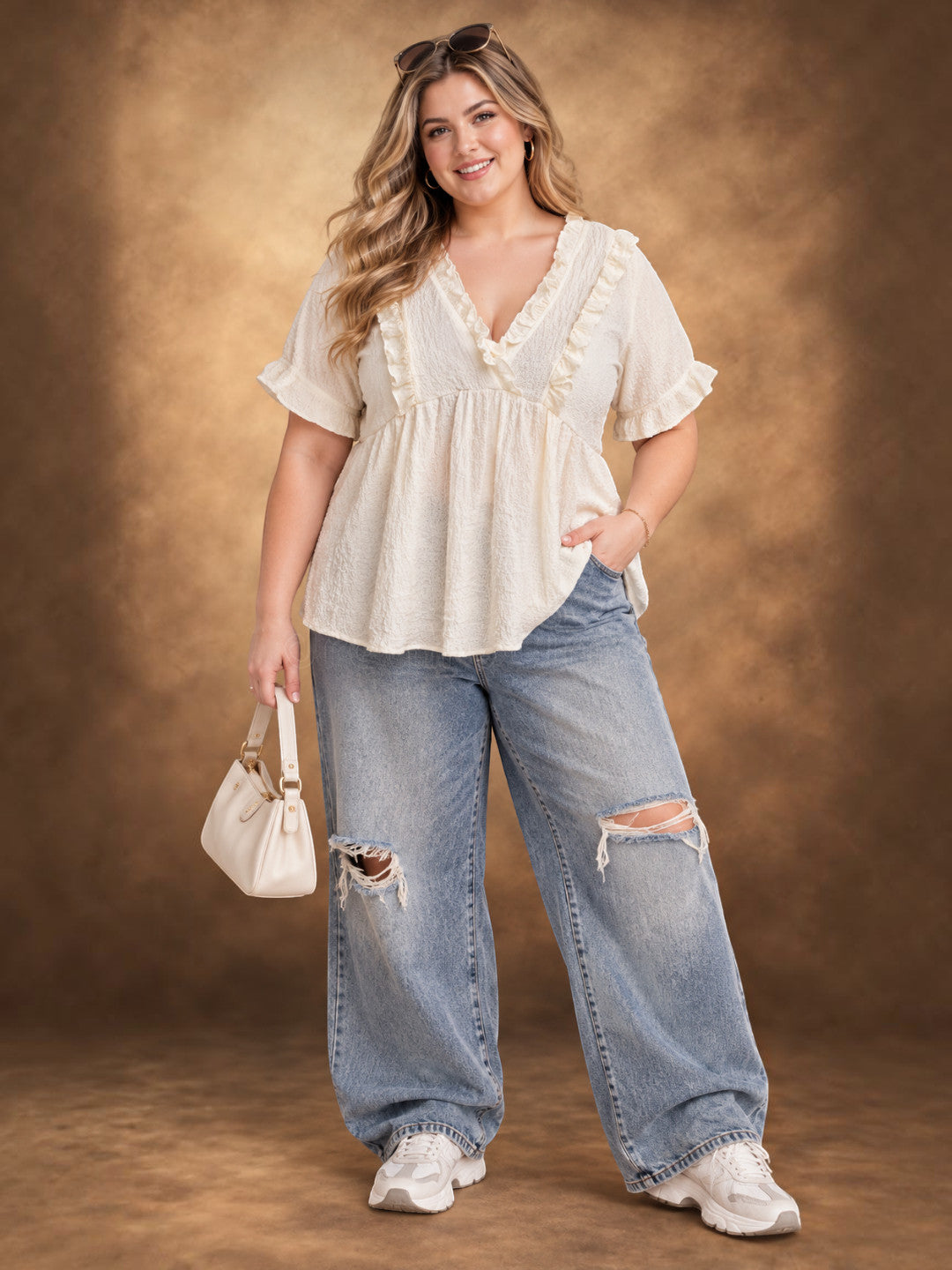 Ruffle V-neckline detail on plus size off white top