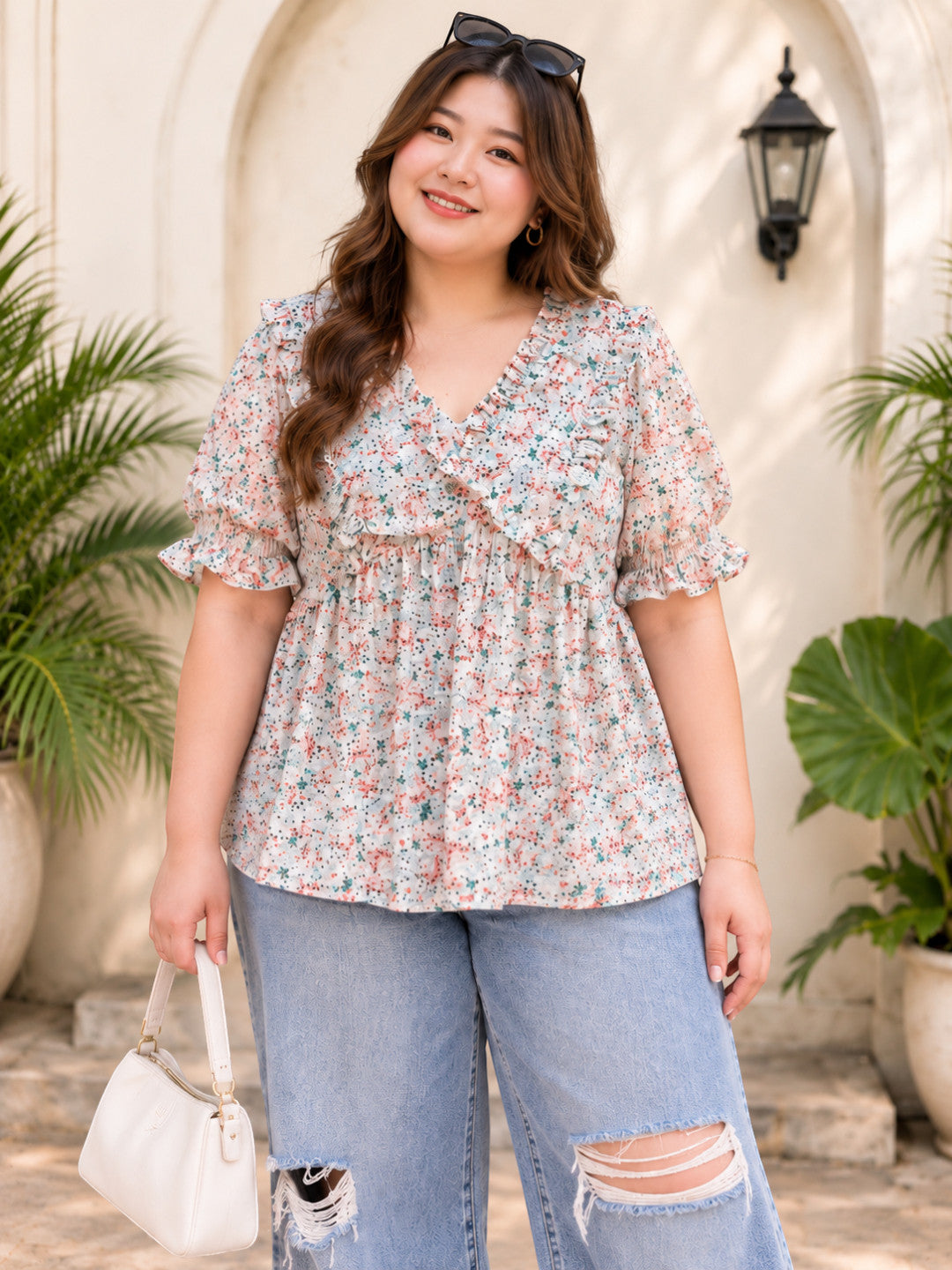 Women Plus Size Multicolor Floral Print Ruffle Peplum V-Neck Short Sleeve Cotton Top