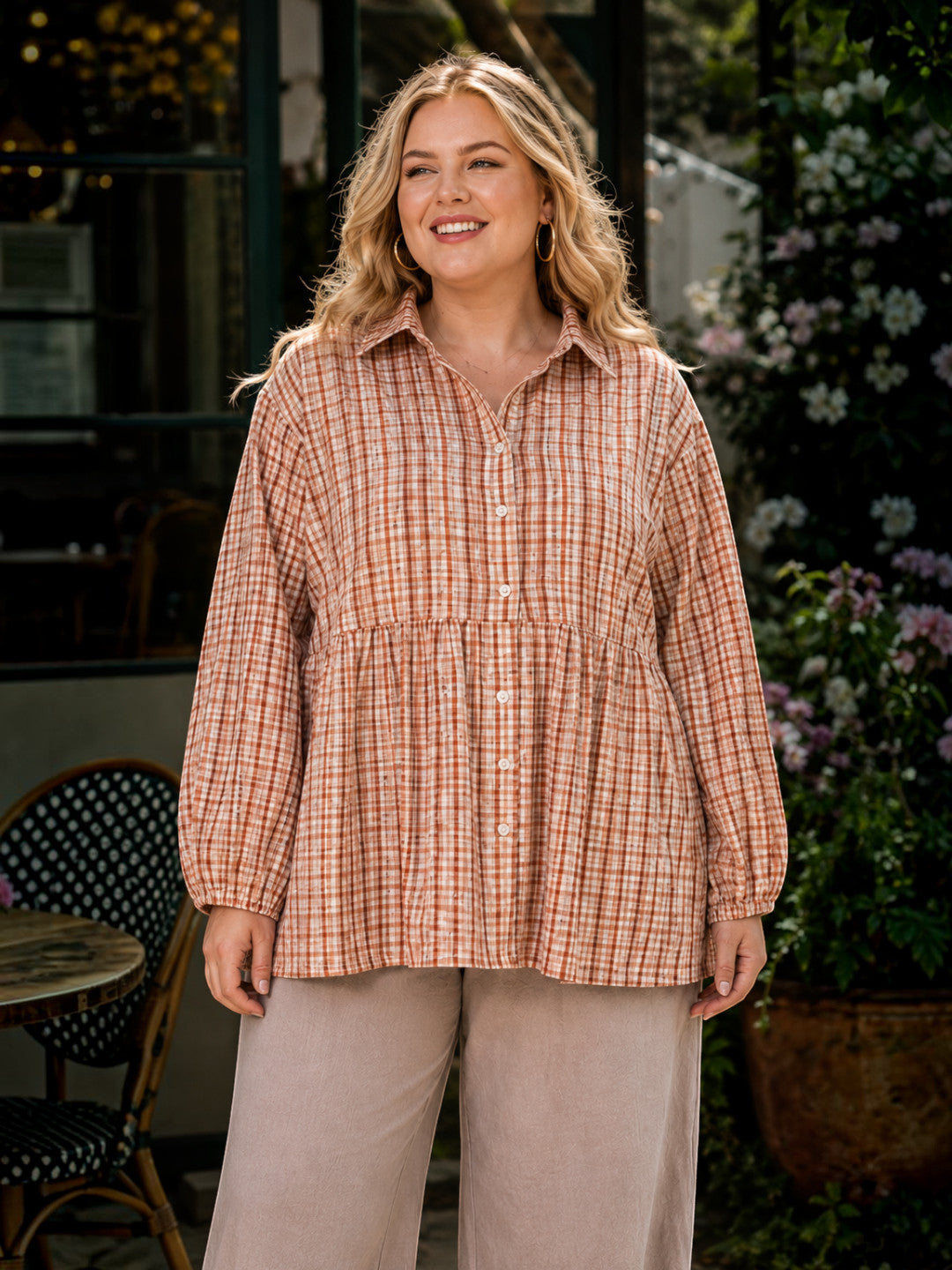Women Plus Size Multicolor Check Collared Long Sleeve Cotton Shirt