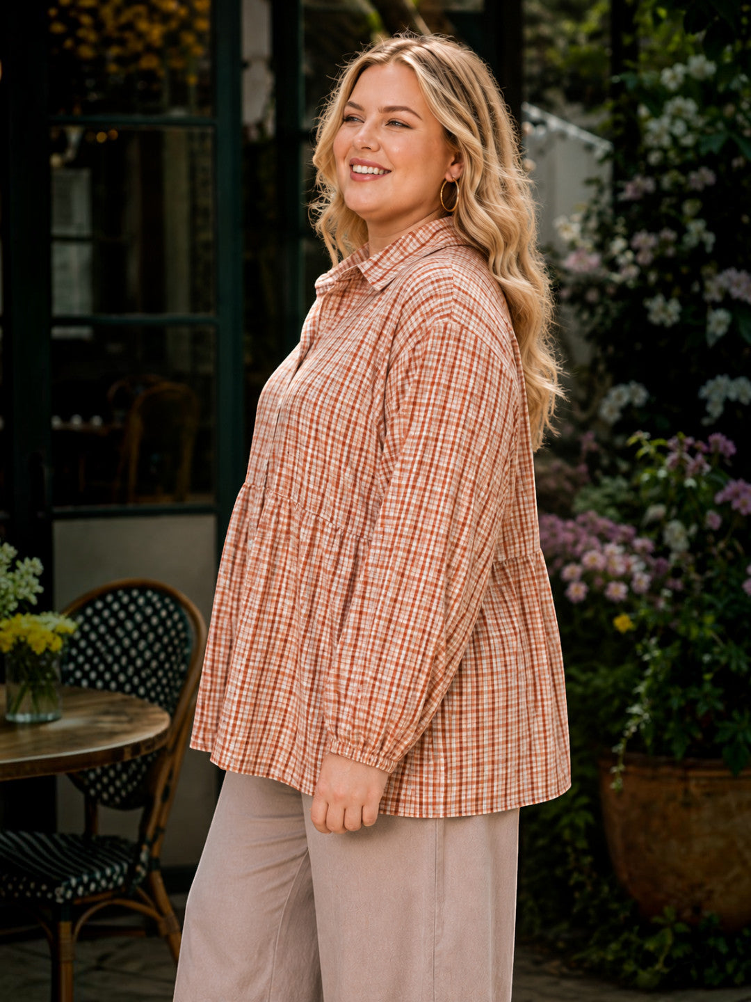 Women Plus Size Multicolor Check Collared Long Sleeve Cotton Shirt