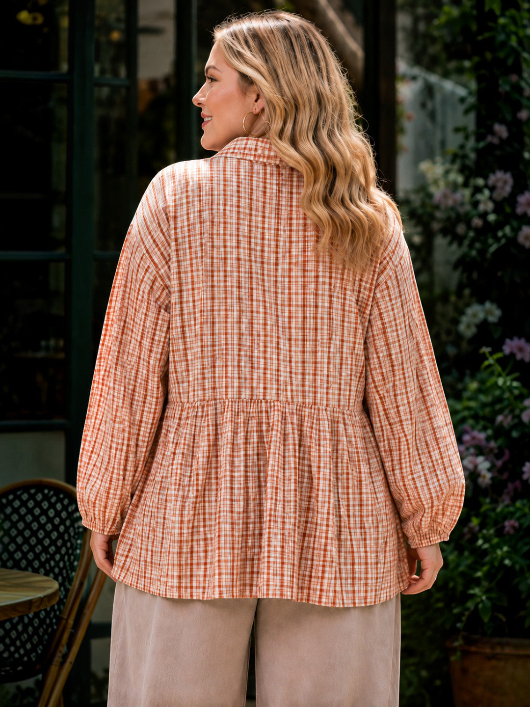 Women Plus Size Multicolor Check Collared Long Sleeve Cotton Shirt