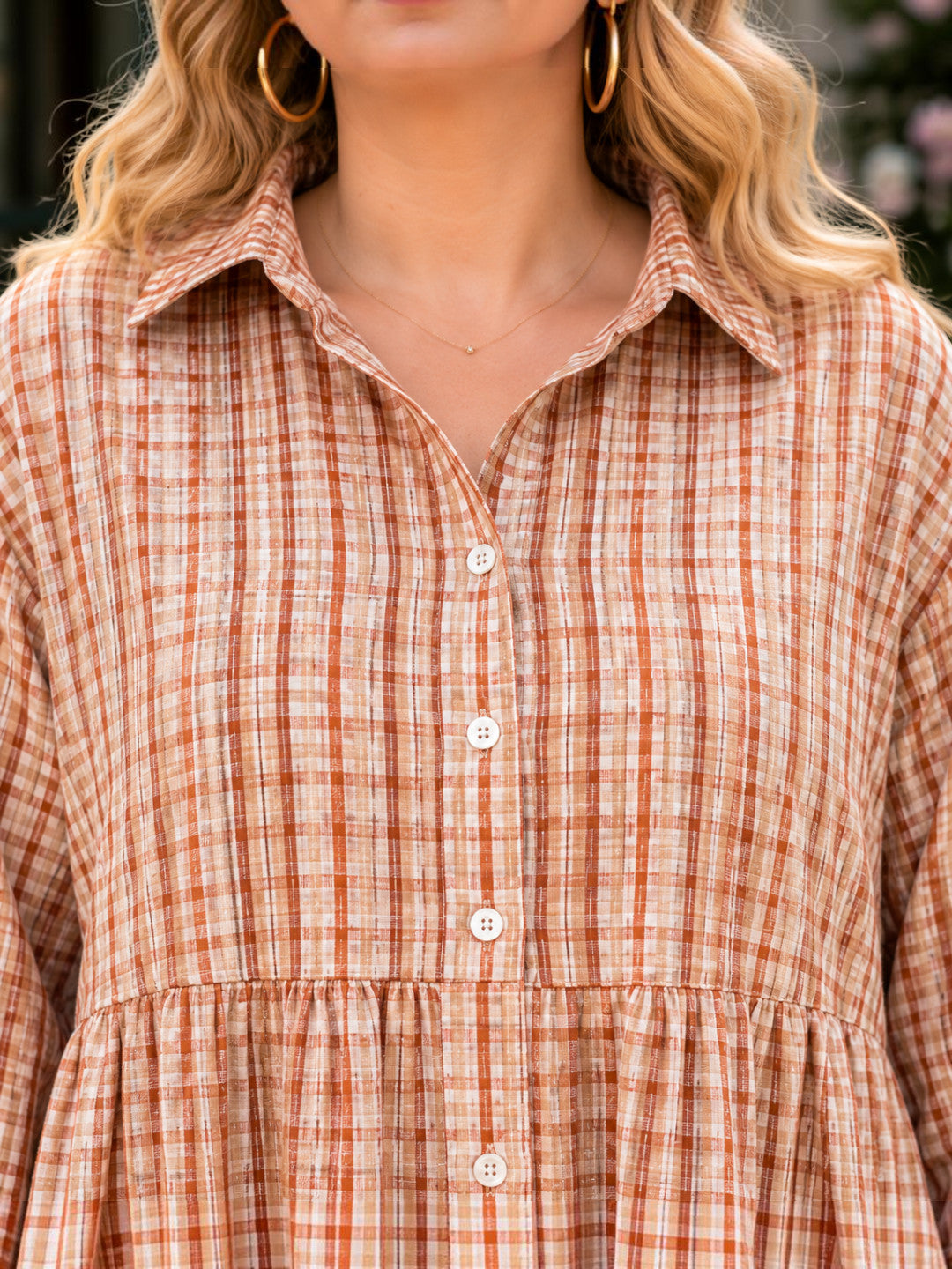 Women Plus Size Multicolor Check Collared Long Sleeve Cotton Shirt