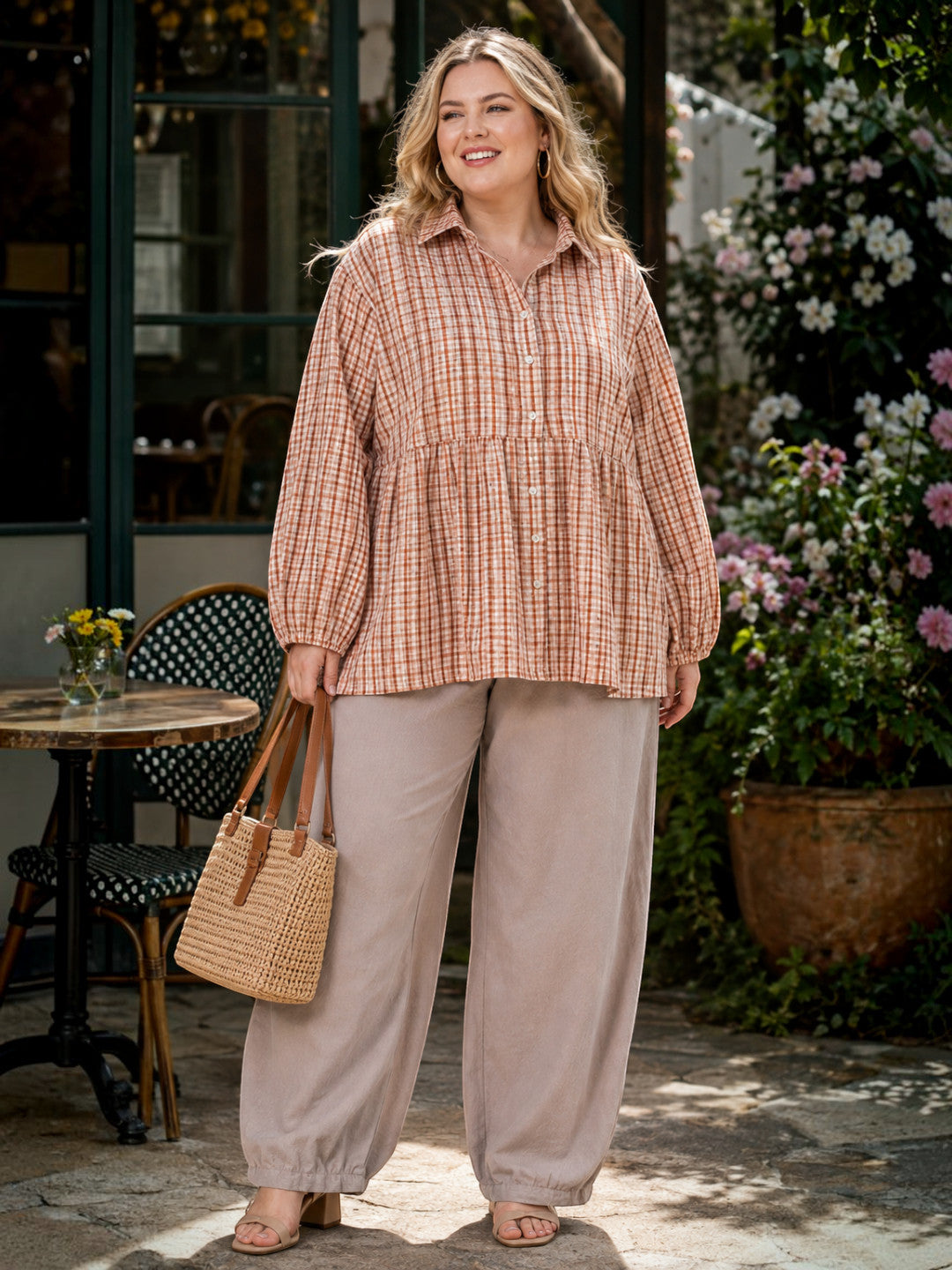 Women Plus Size Multicolor Check Collared Long Sleeve Cotton Shirt