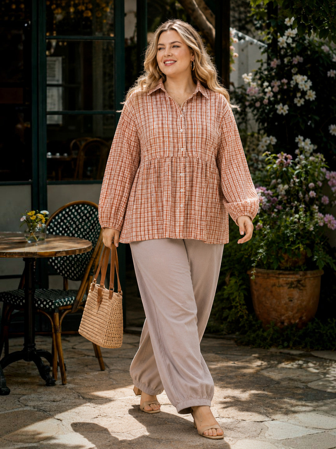 Women Plus Size Multicolor Check Collared Long Sleeve Cotton Shirt