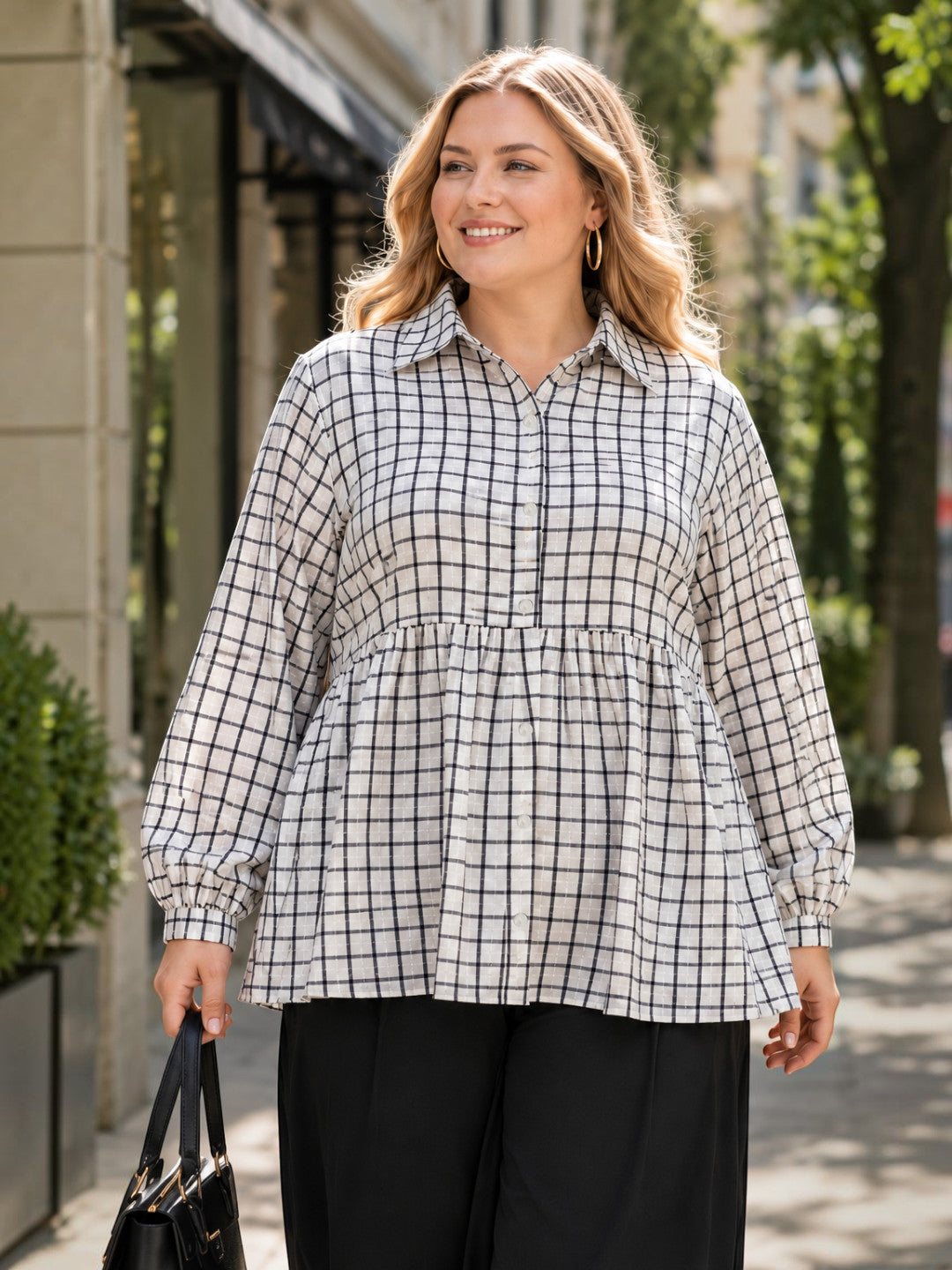 Women Plus Size White Check Collared Long Sleeve Cotton Shirt