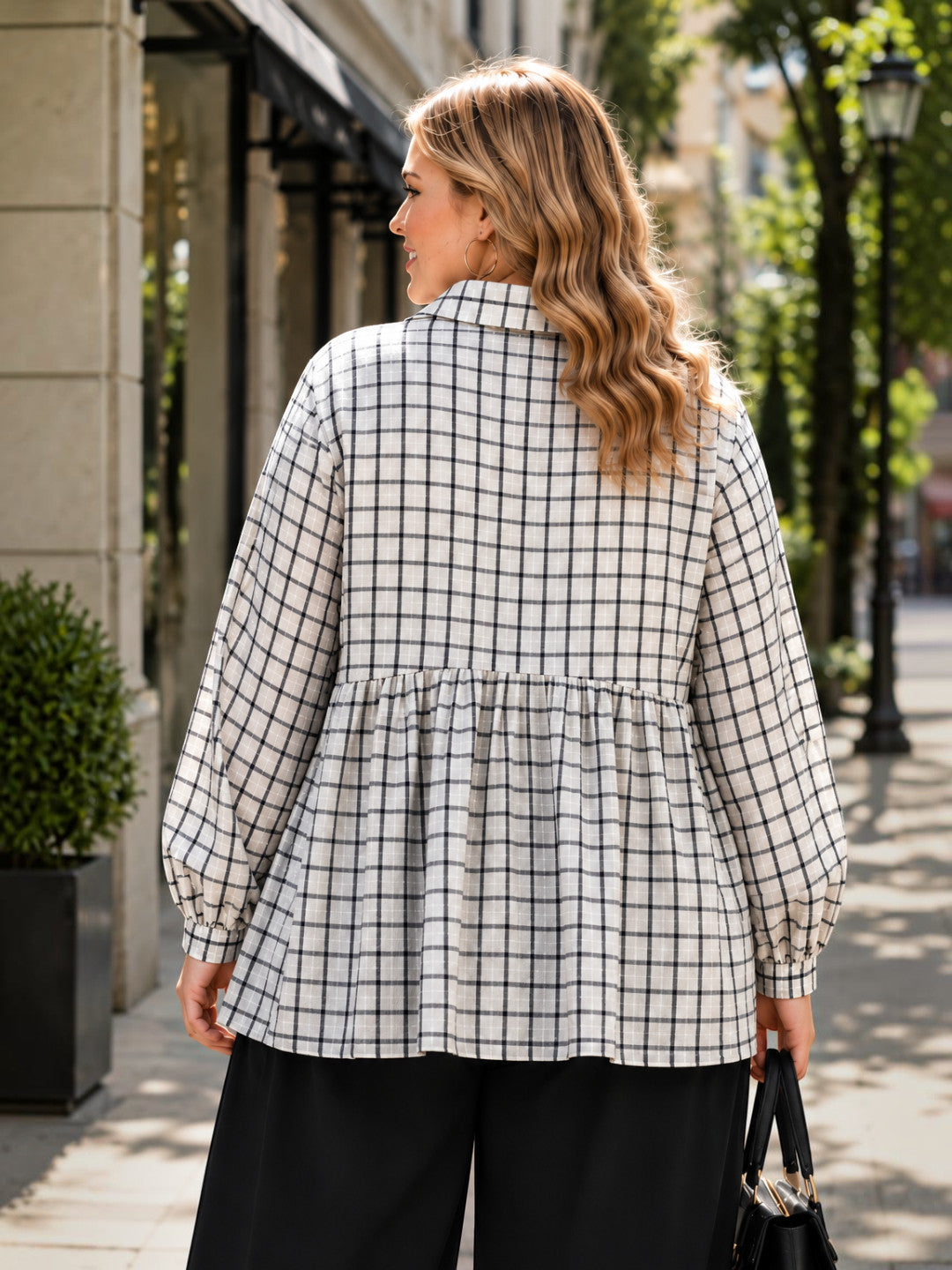 Women Plus Size White Check Collared Long Sleeve Cotton Shirt