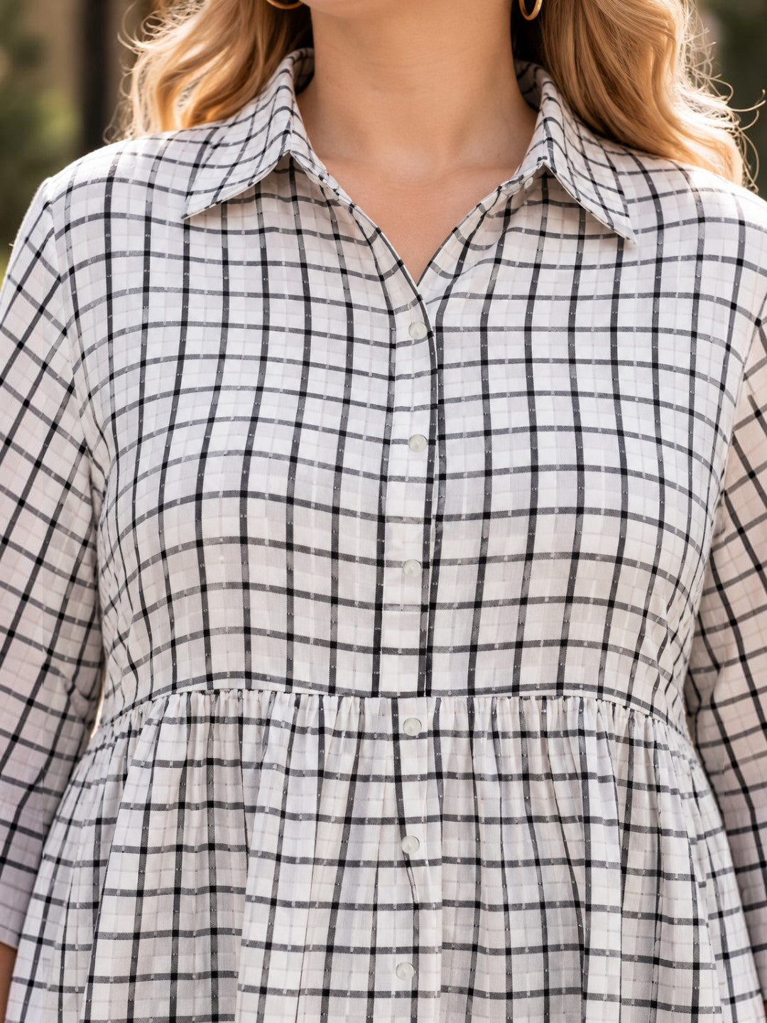 Women Plus Size White Check Collared Long Sleeve Cotton Shirt