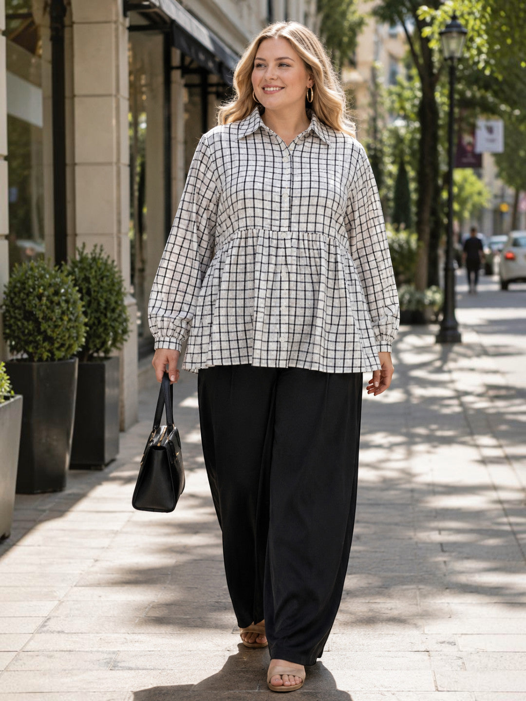 Women Plus Size White Check Collared Long Sleeve Cotton Shirt