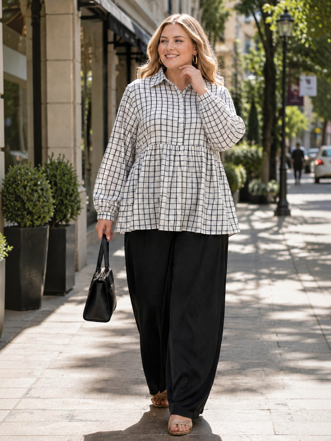Women Plus Size White Check Collared Long Sleeve Cotton Shirt