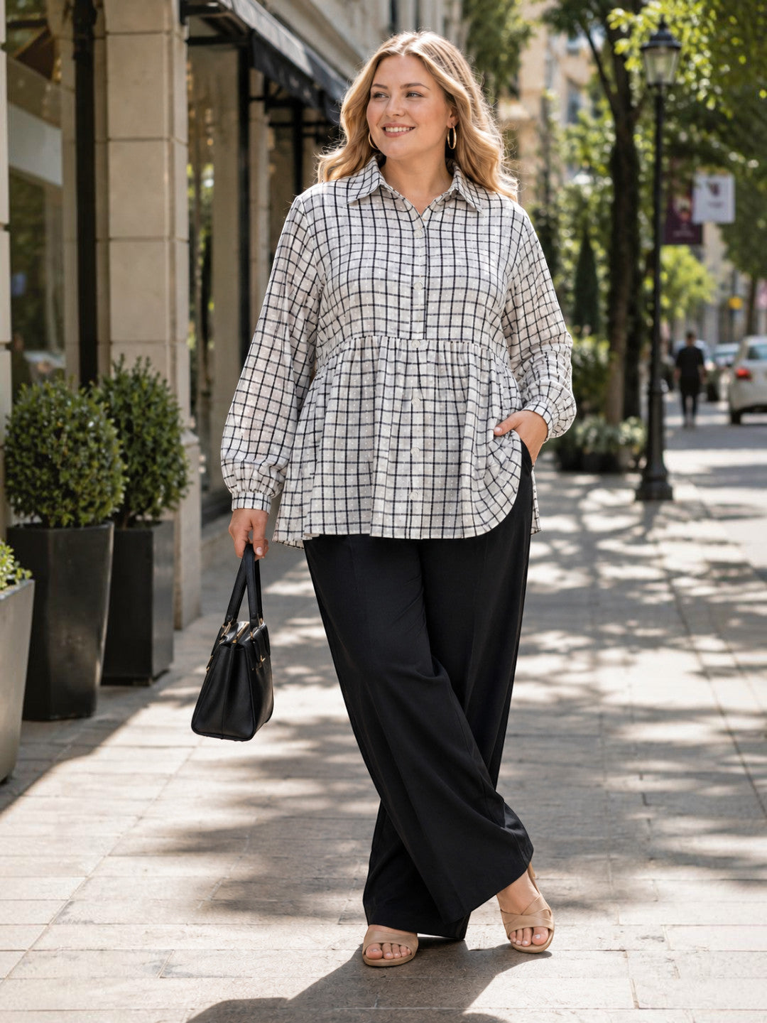 Women Plus Size White Check Collared Long Sleeve Cotton Shirt