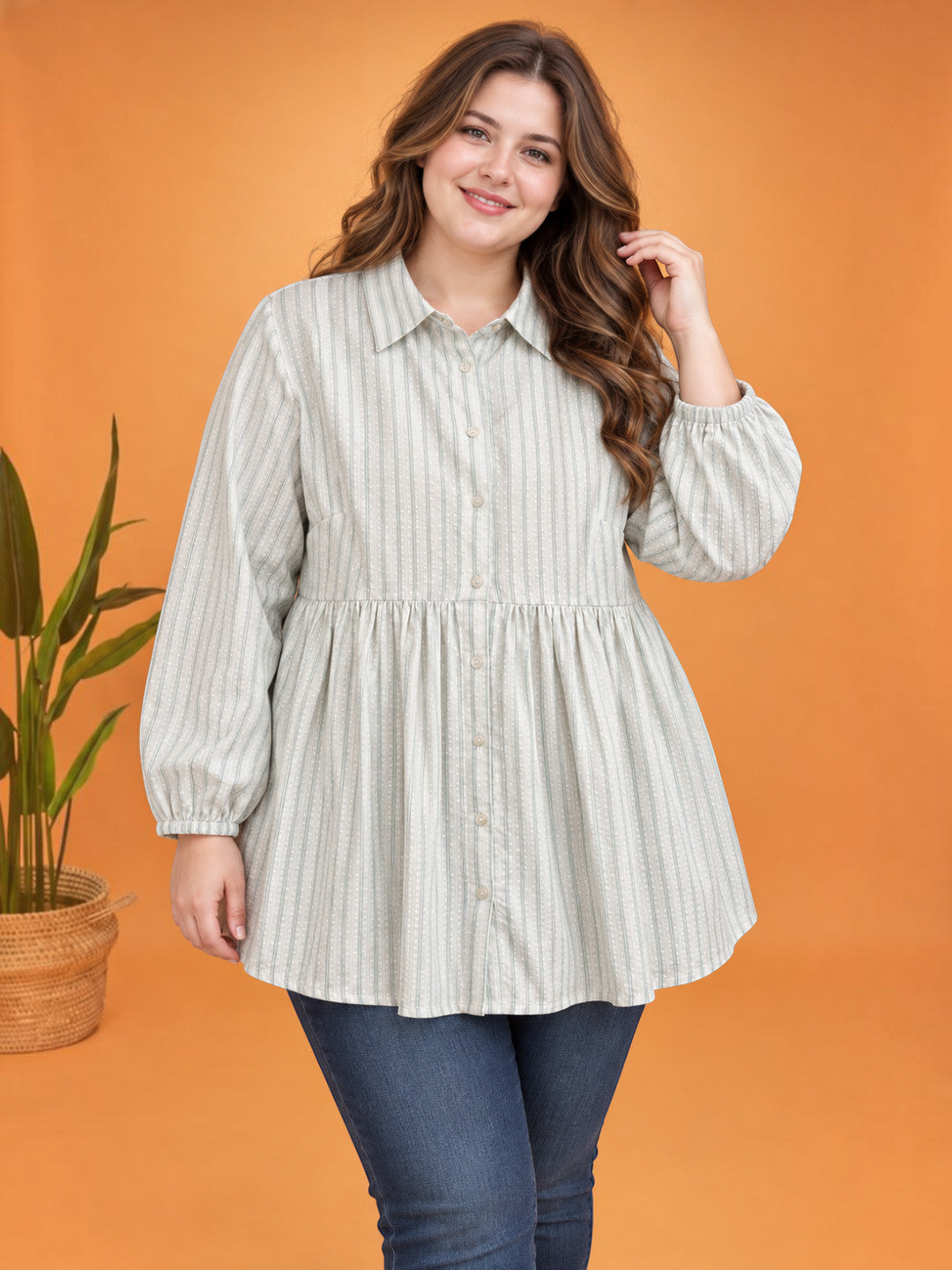 Women Plus Size White Striped Collared Long Sleeve Cotton Shirt