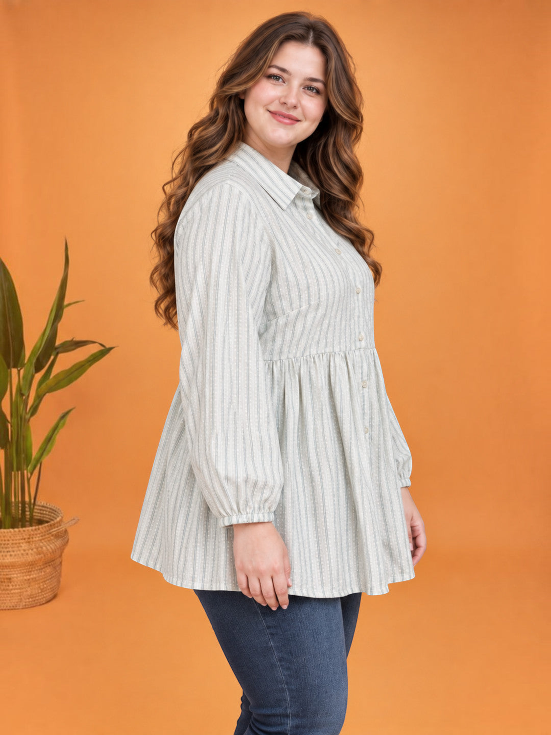 Women Plus Size White Striped Collared Long Sleeve Cotton Shirt