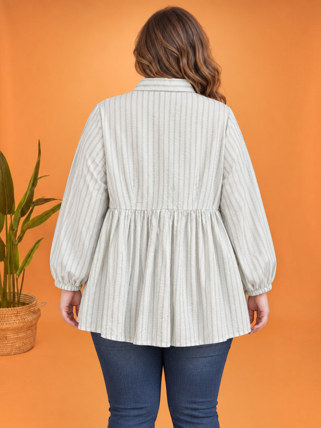 Women Plus Size White Striped Collared Long Sleeve Cotton Shirt
