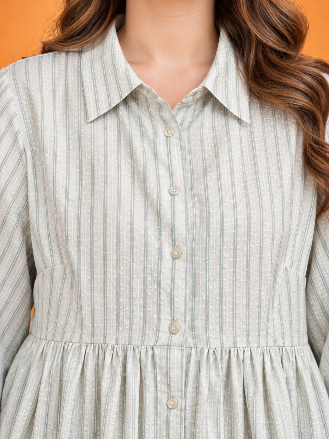 Women Plus Size White Striped Collared Long Sleeve Cotton Shirt