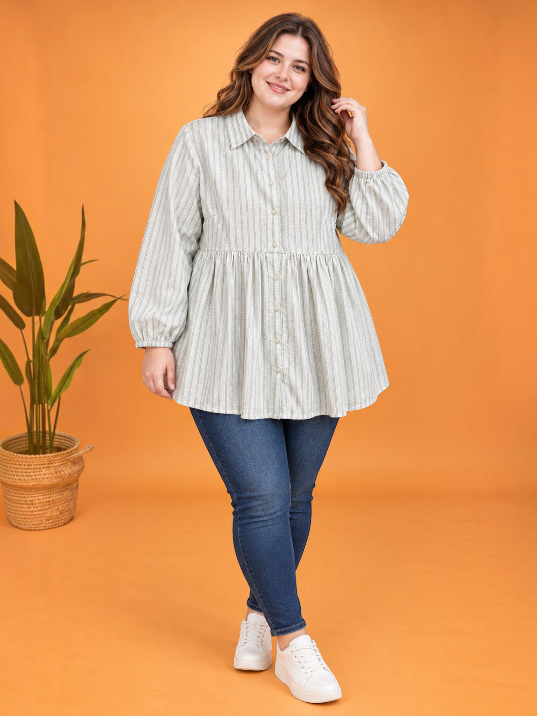 Women Plus Size White Striped Collared Long Sleeve Cotton Shirt