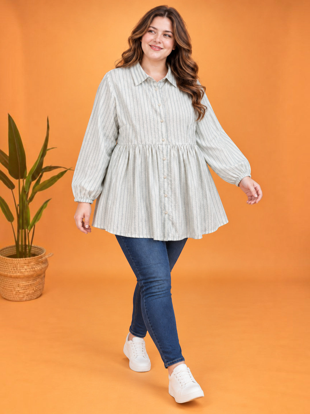 Women Plus Size White Striped Collared Long Sleeve Cotton Shirt