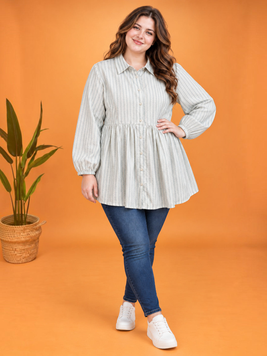Women Plus Size White Striped Collared Long Sleeve Cotton Shirt