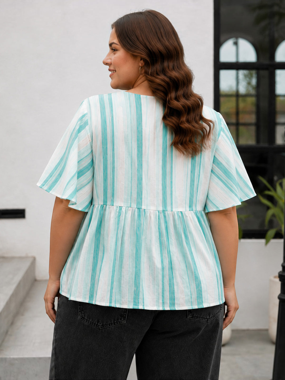 Women Plus Size Light Green Striped V-Neck Short Sleeve Cotton Crepe Top