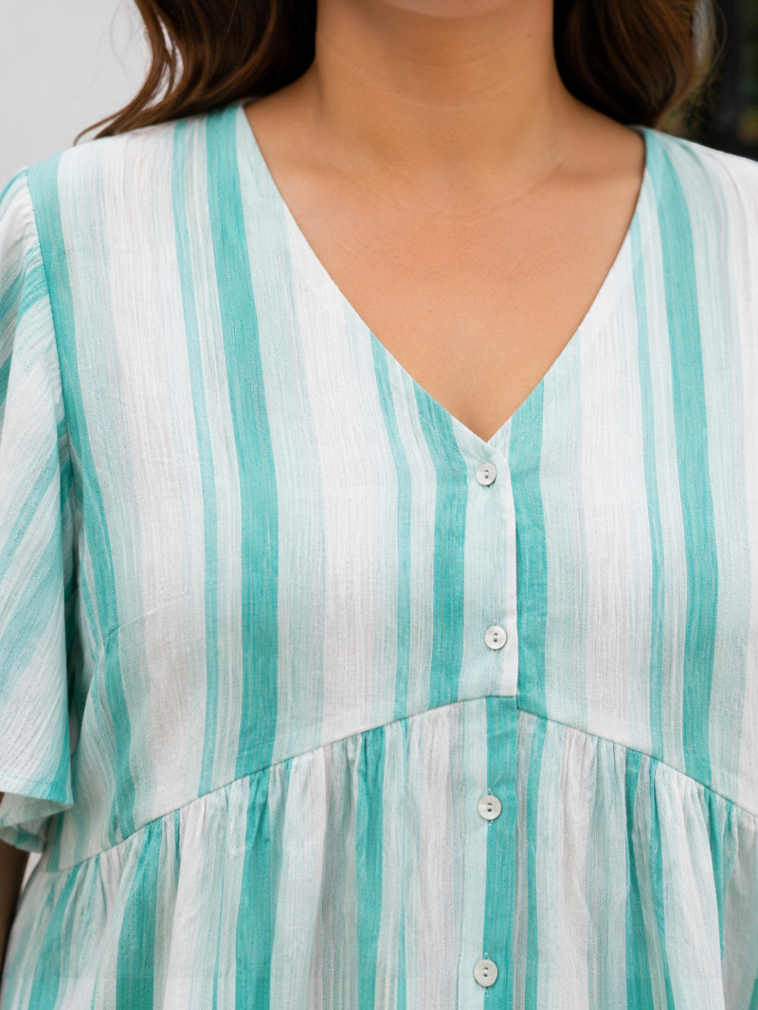 Women Plus Size Light Green Striped V-Neck Short Sleeve Cotton Crepe Top