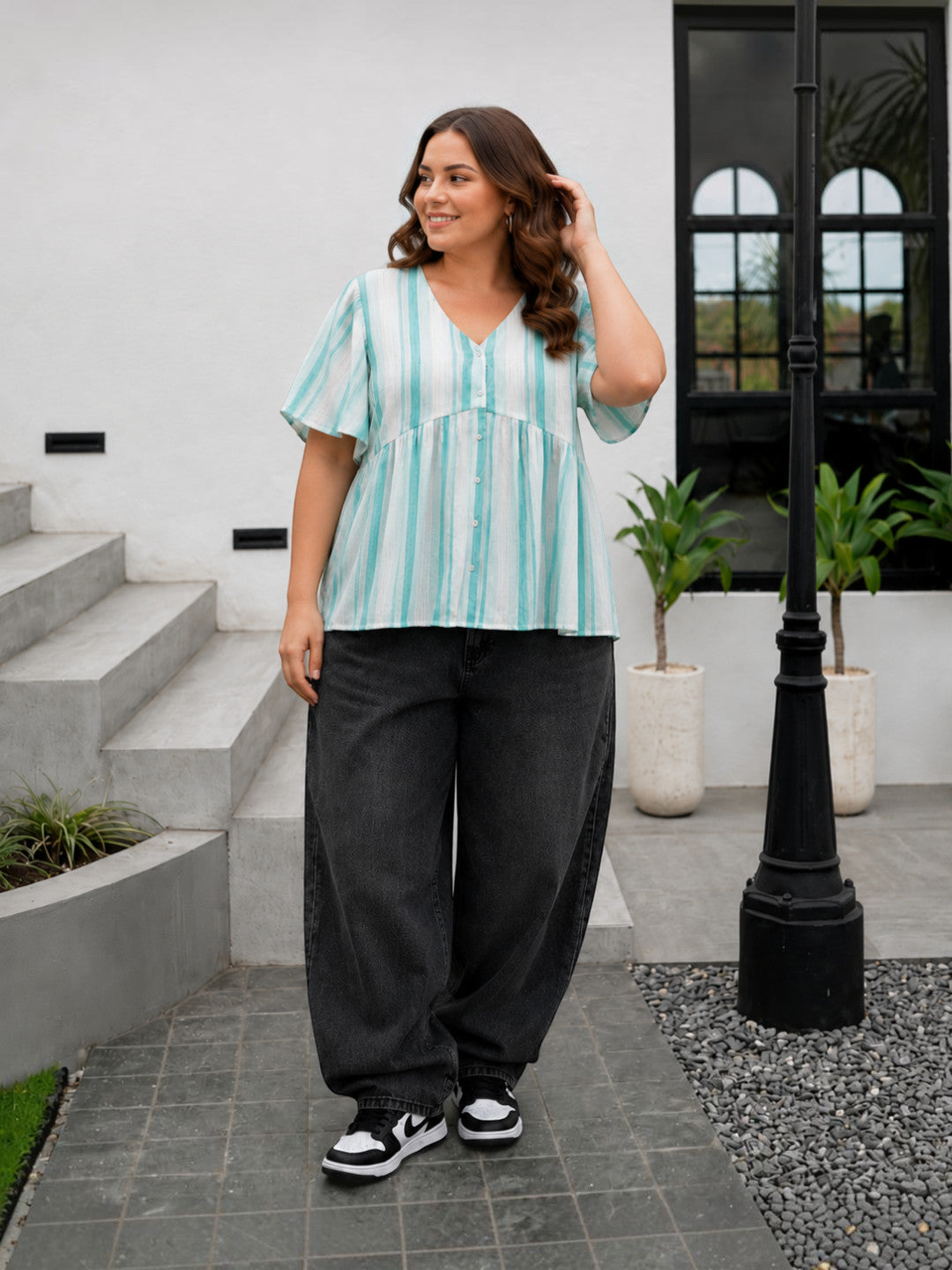 Women Plus Size Light Green Striped V-Neck Short Sleeve Cotton Crepe Top