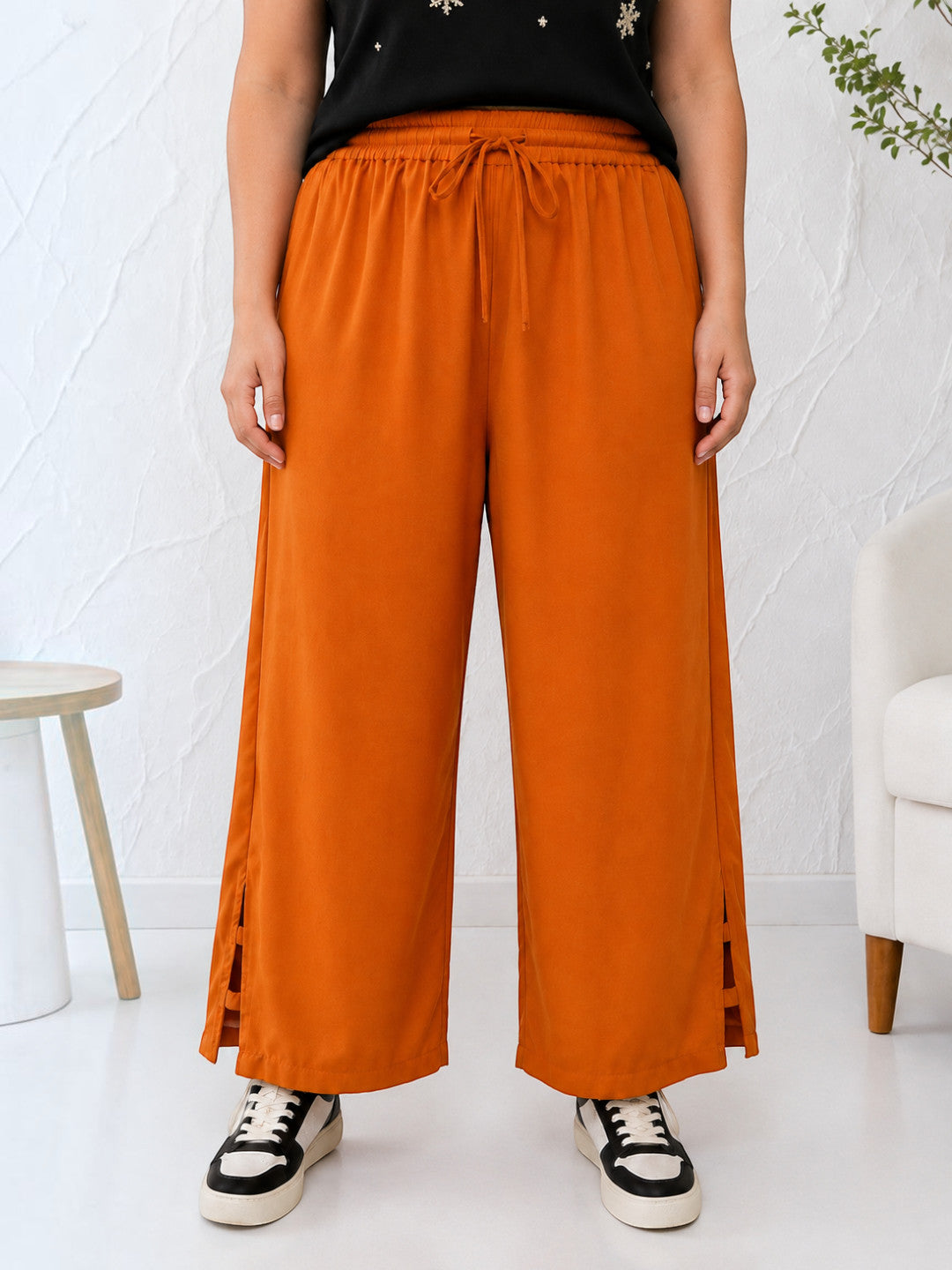 Women Plus Size Orange Cotton Linen Wide-Leg Pants