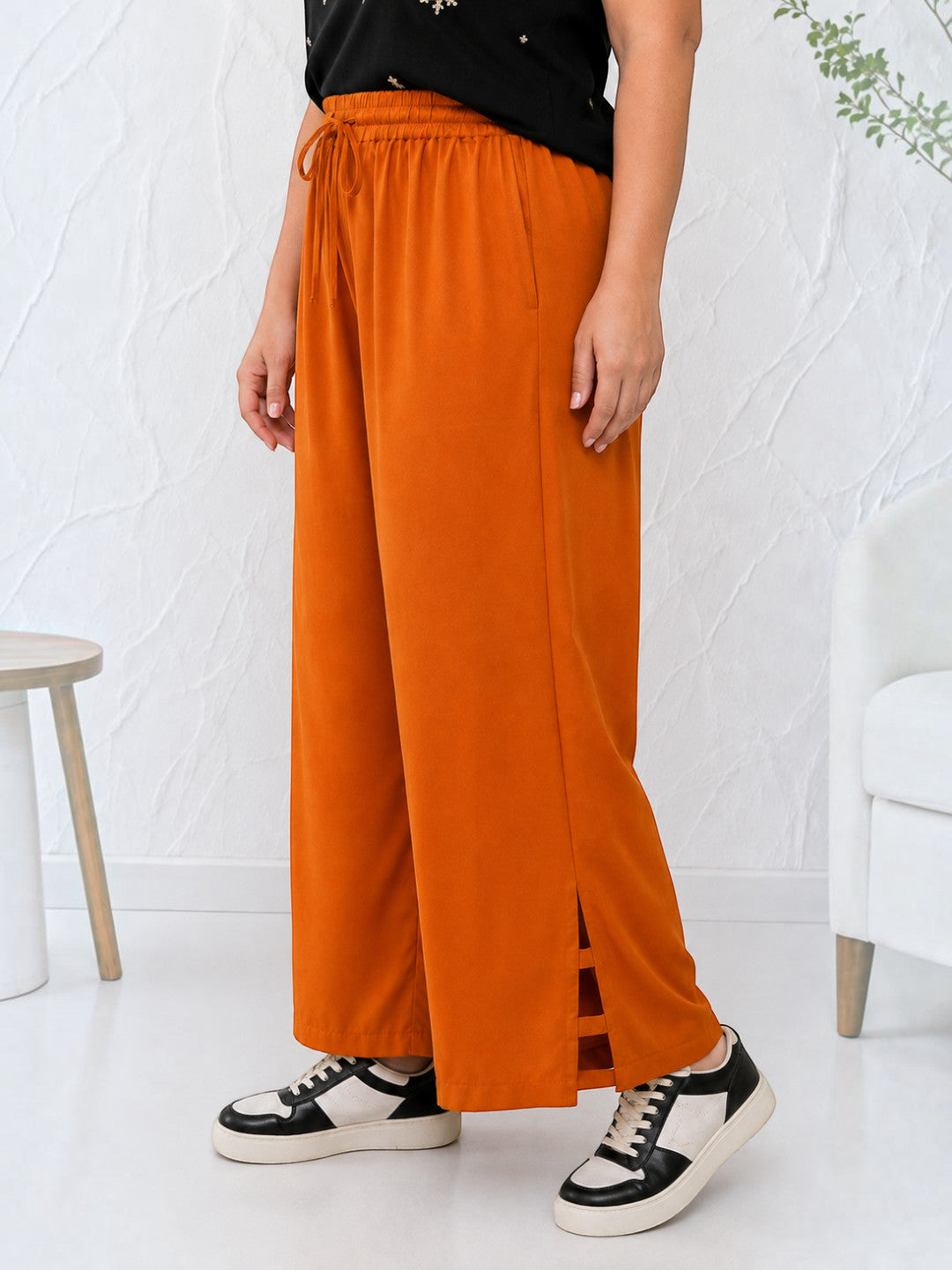 Women Plus Size Orange Cotton Linen Wide-Leg Pants