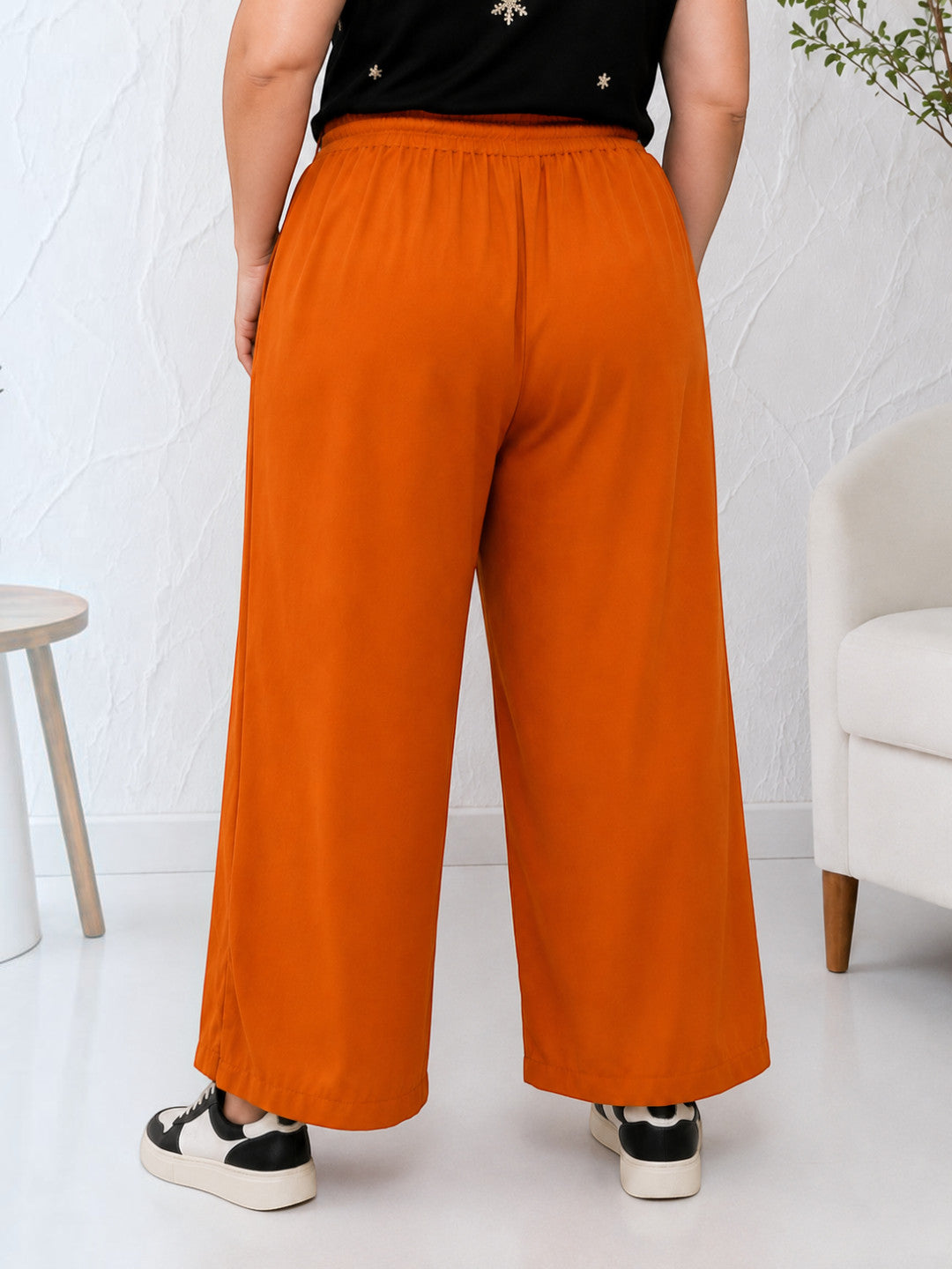 Women Plus Size Orange Cotton Linen Wide-Leg Pants