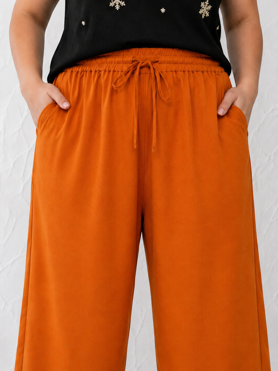 Women Plus Size Orange Cotton Linen Wide-Leg Pants