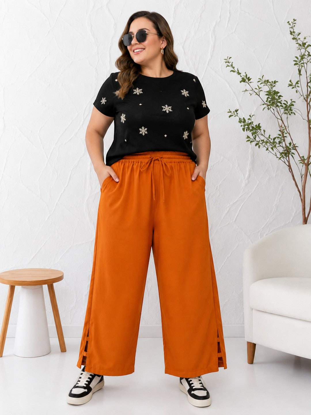 Women Plus Size Orange Cotton Linen Wide-Leg Pants