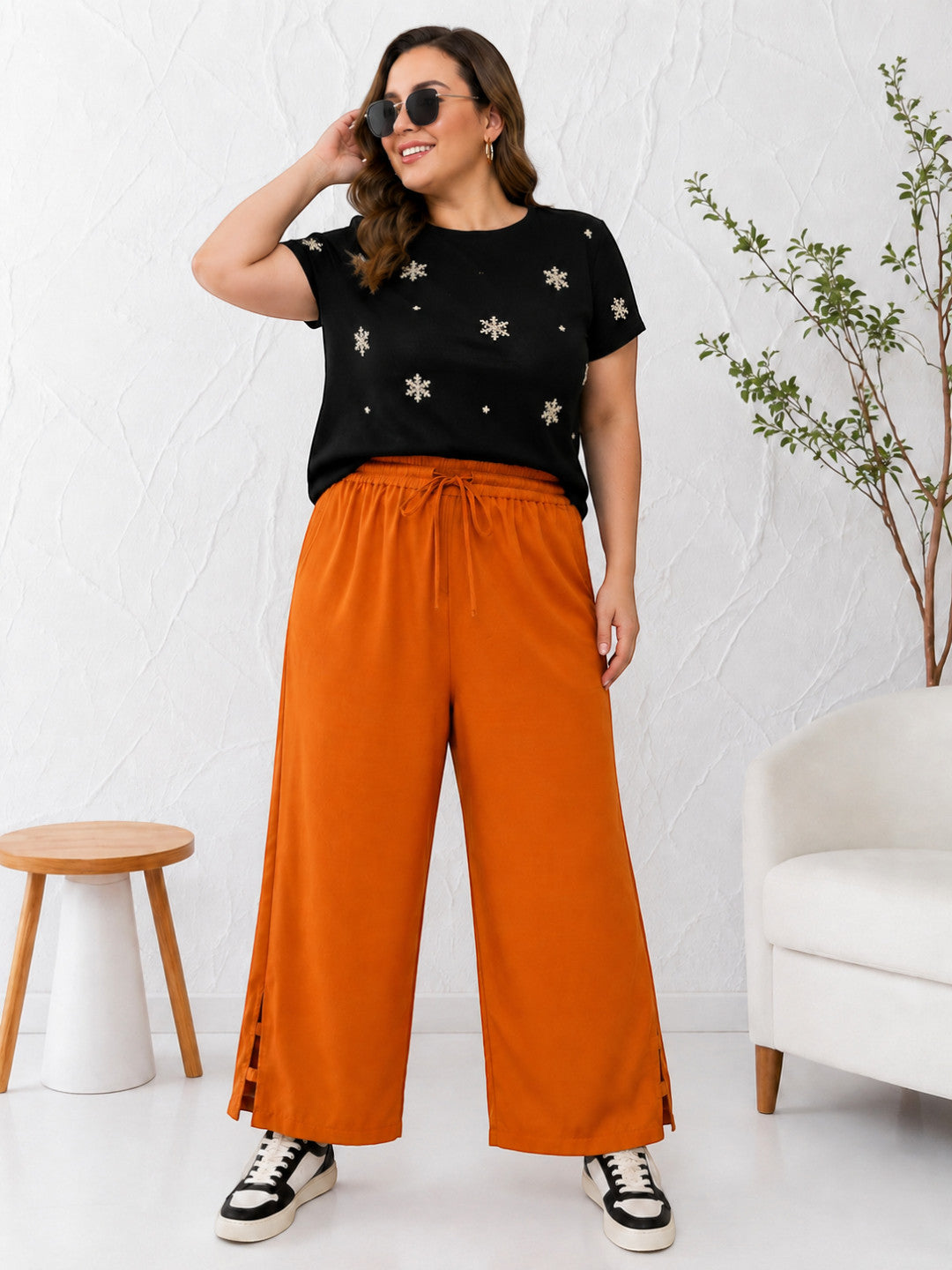 Women Plus Size Orange Cotton Linen Wide-Leg Pants