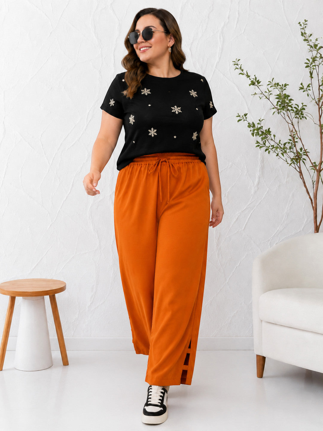 Women Plus Size Orange Cotton Linen Wide-Leg Pants
