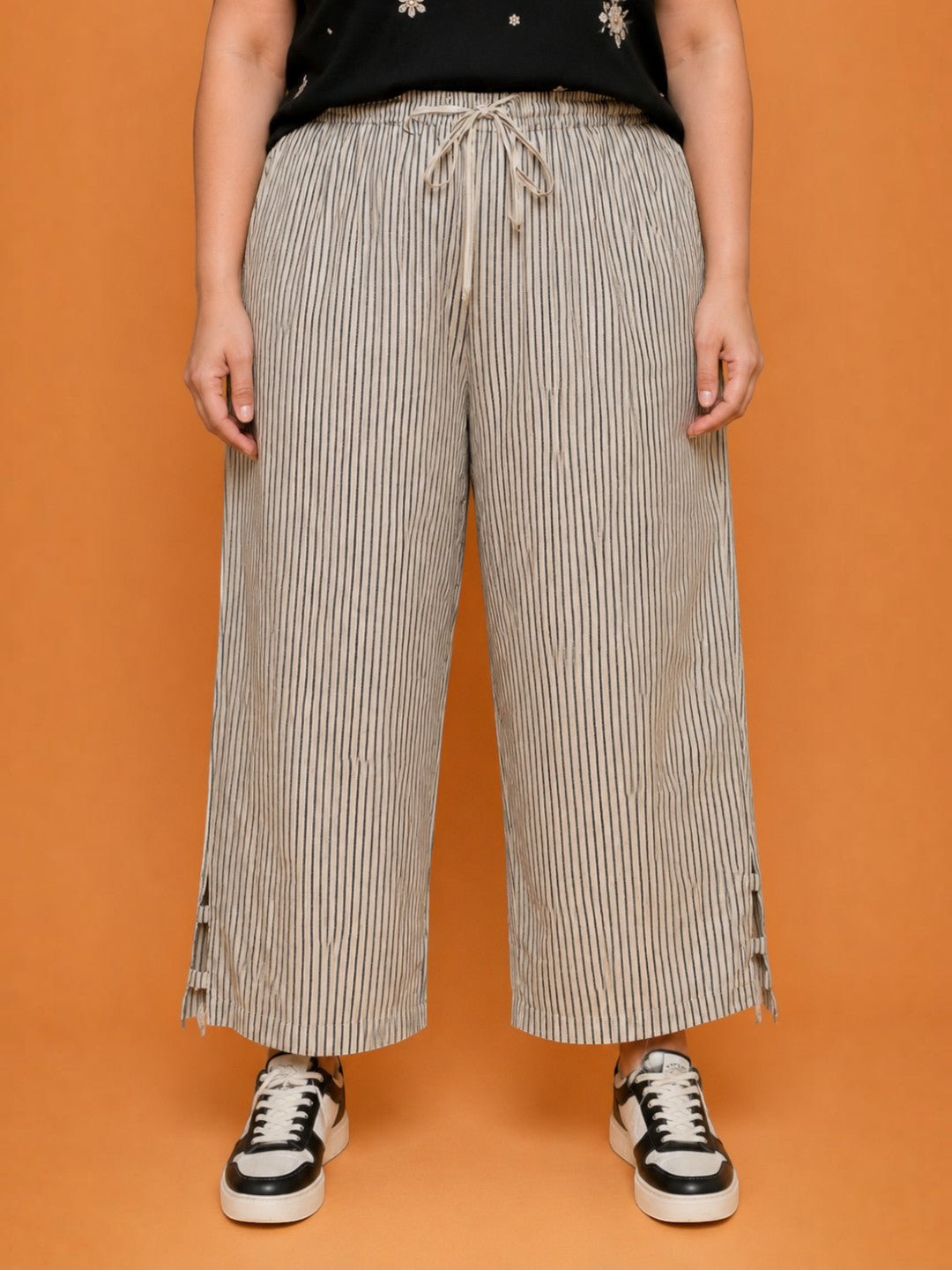 Women Plus Size Beige Cotton Linen Wide-Leg Pants