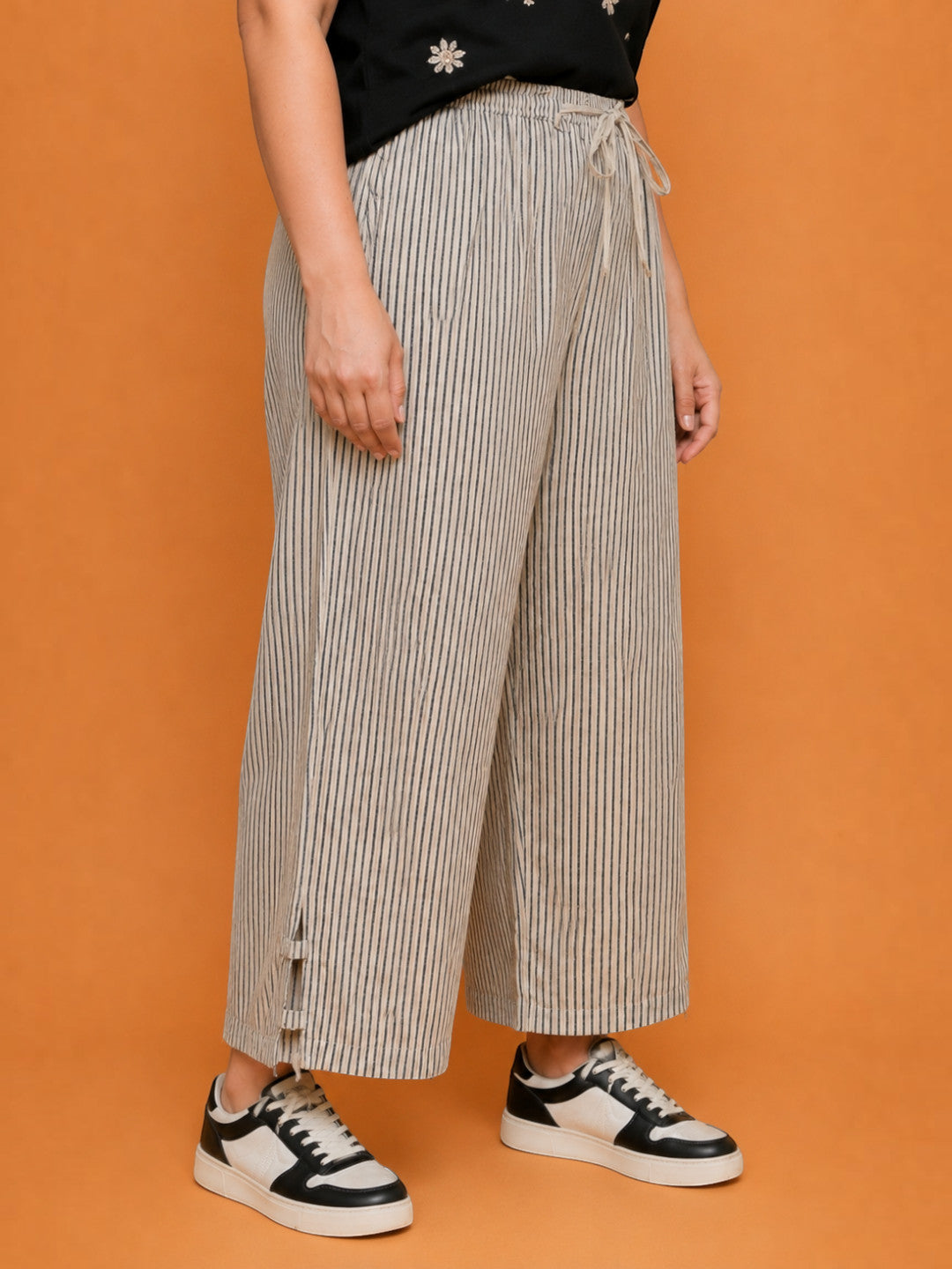 Women Plus Size Beige Cotton Linen Wide-Leg Pants