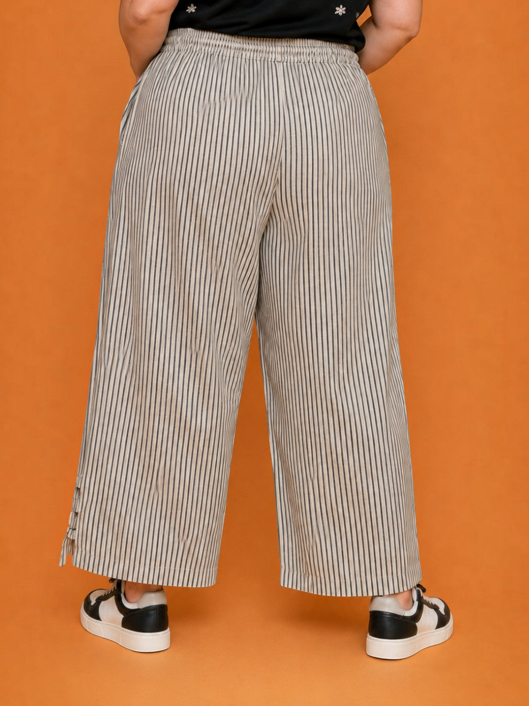 Women Plus Size Beige Cotton Linen Wide-Leg Pants