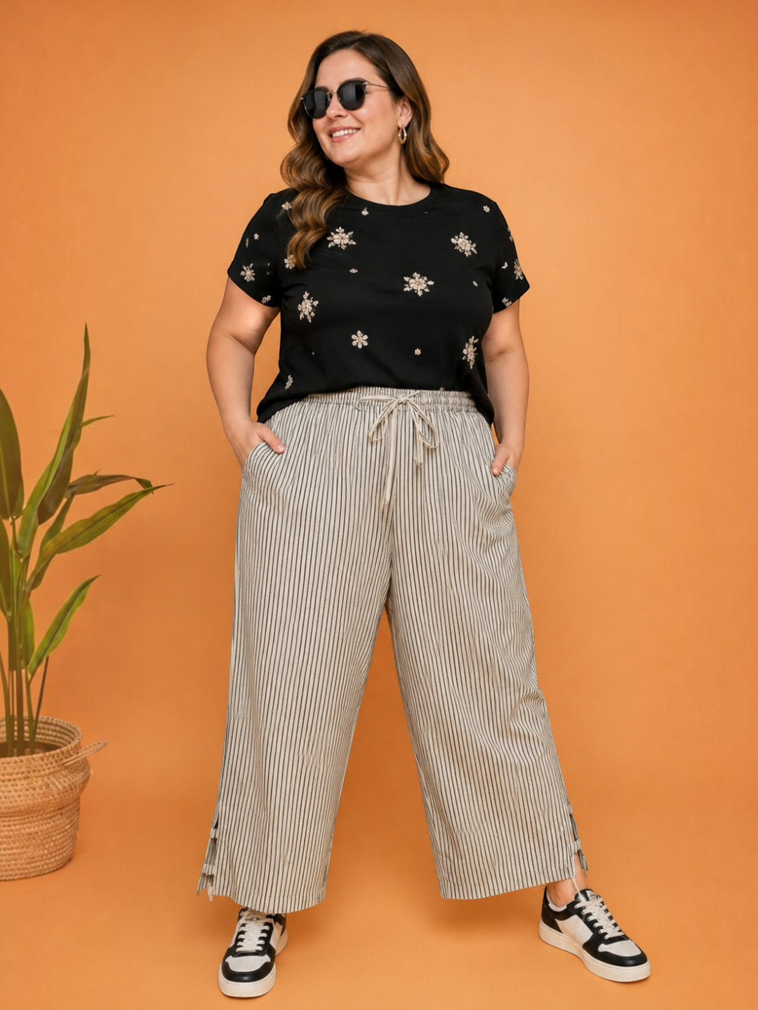Women Plus Size Beige Cotton Linen Wide-Leg Pants