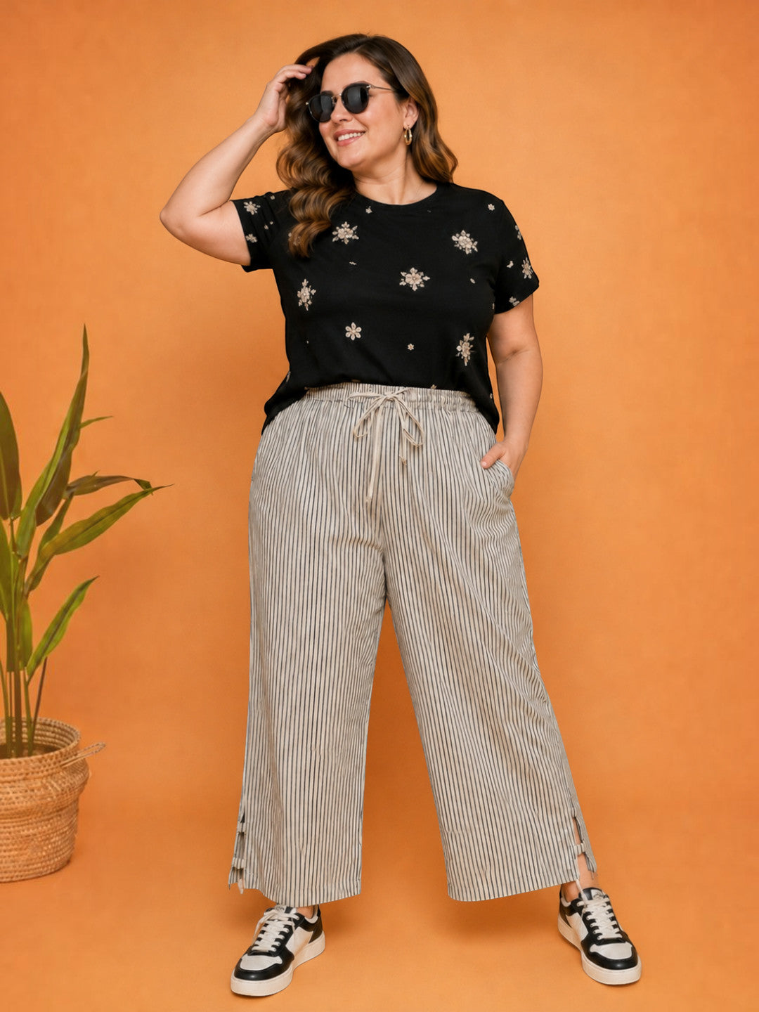 Women Plus Size Beige Cotton Linen Wide-Leg Pants
