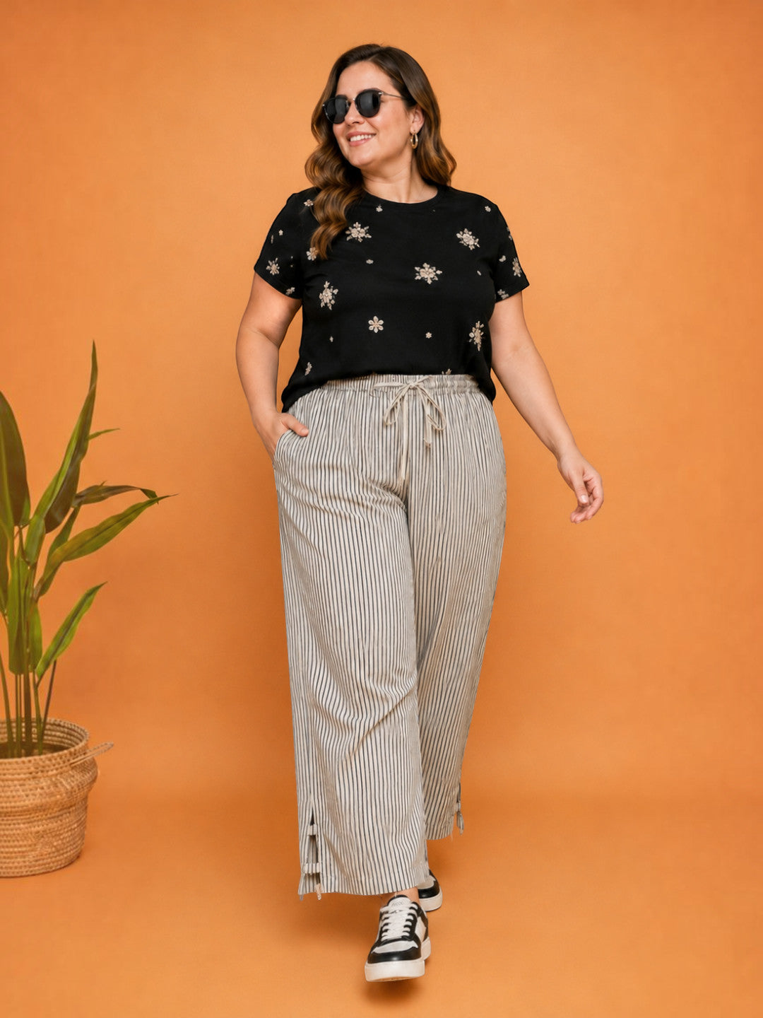 Women Plus Size Beige Cotton Linen Wide-Leg Pants
