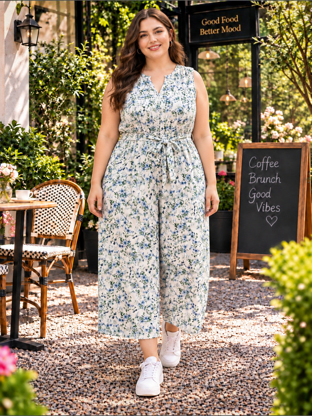 Women Plus Size White Floral Print Cotton Linen V-Neck Sleeveless Jumpsuit